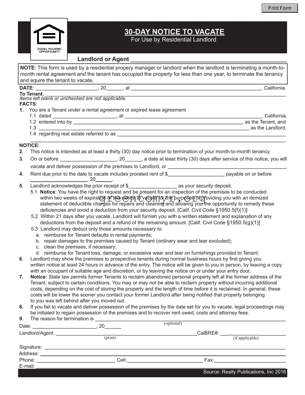 Fill in a Valid 30-Day Notice To Vacate Template