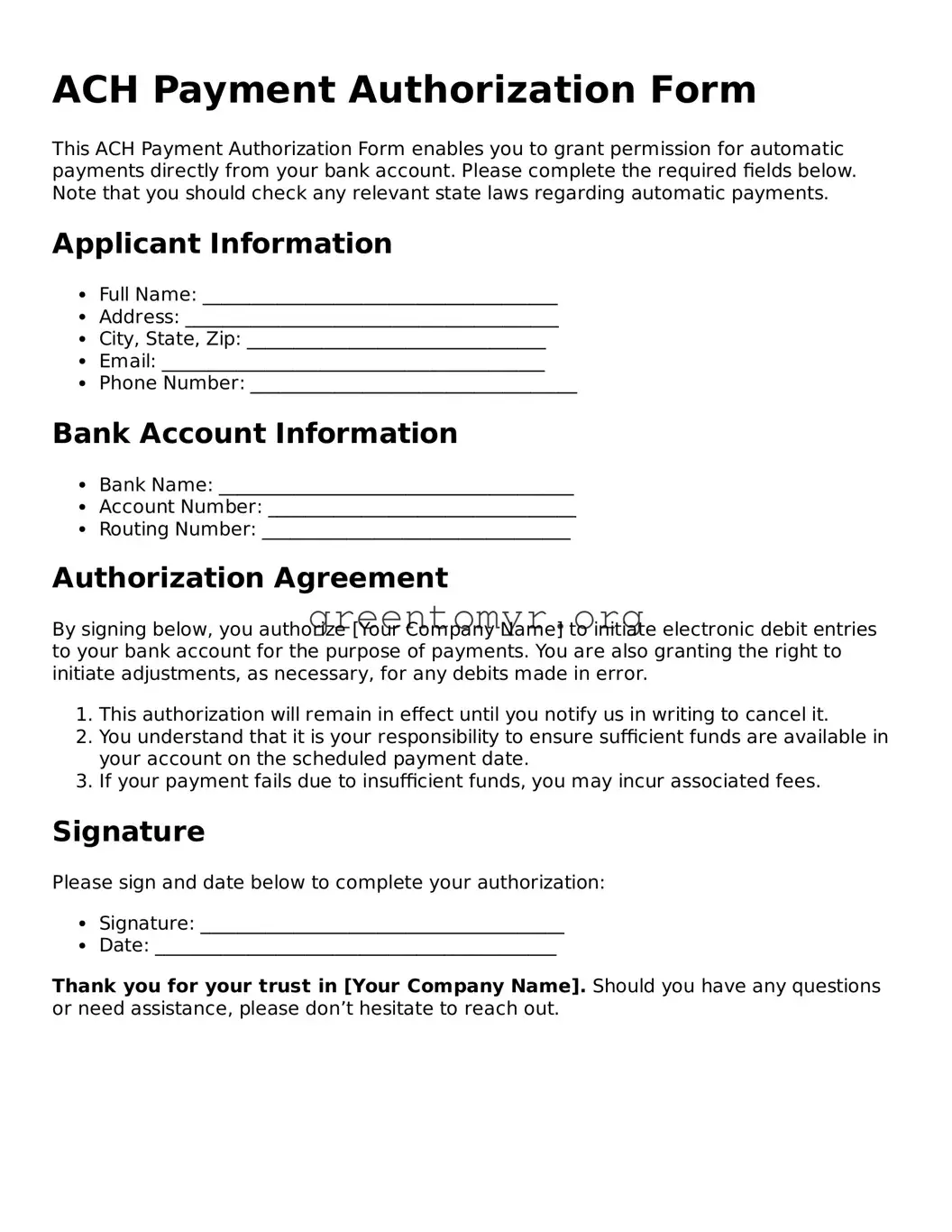 Valid ACH Payment Authorization Form Form