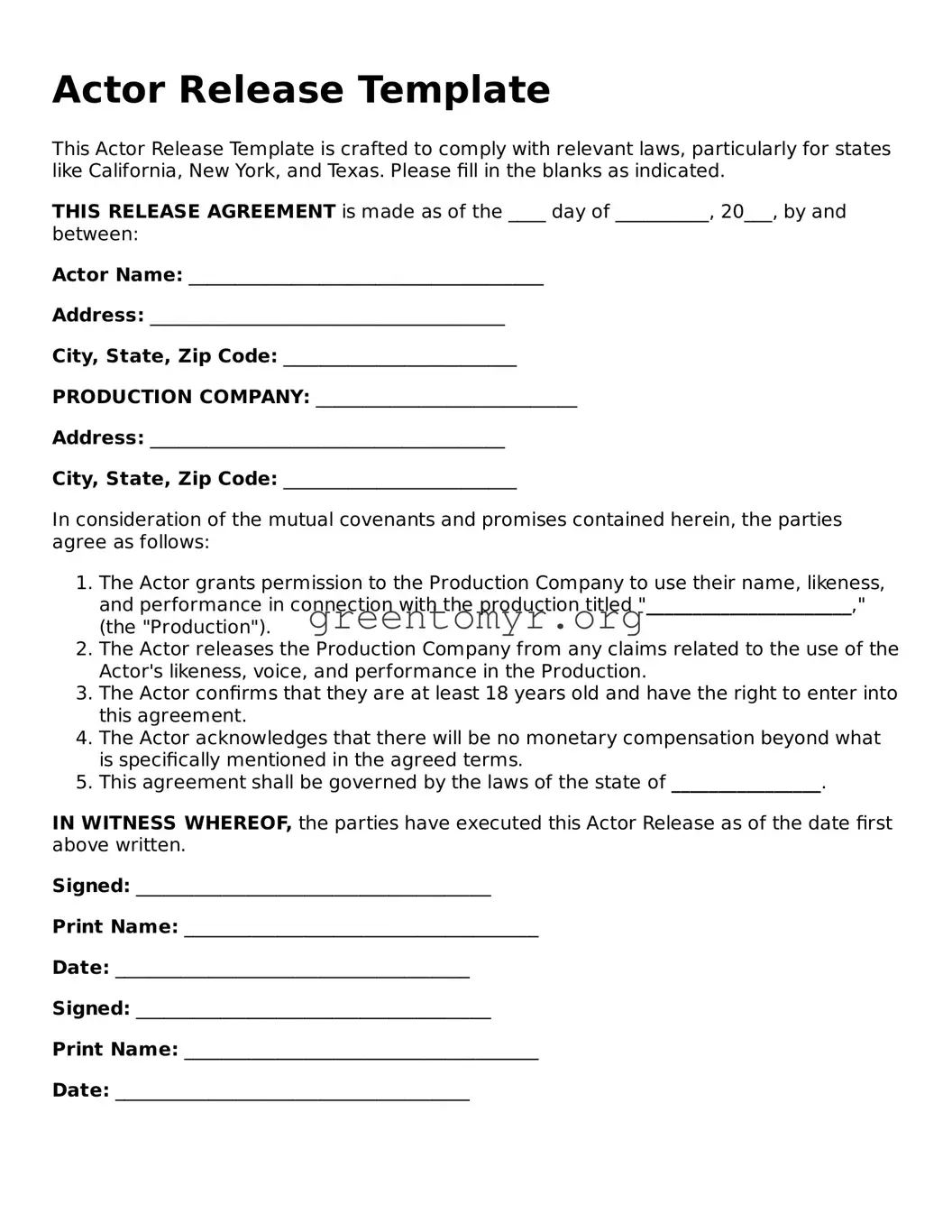 Valid Actor Release Form