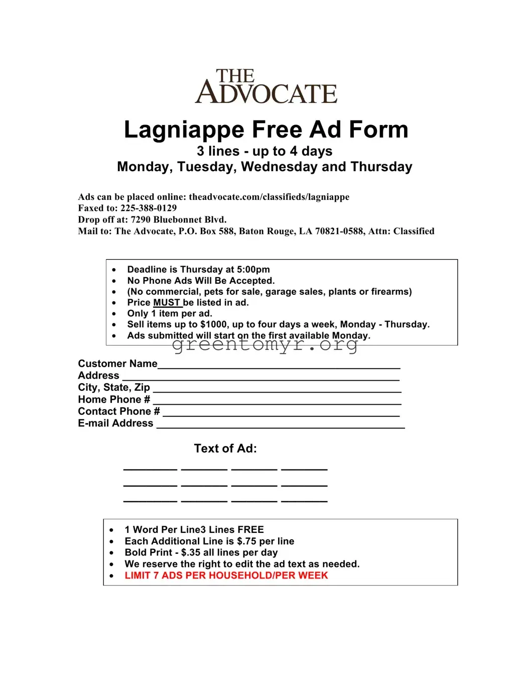 Fill in a Valid Advocate Classifieds Template