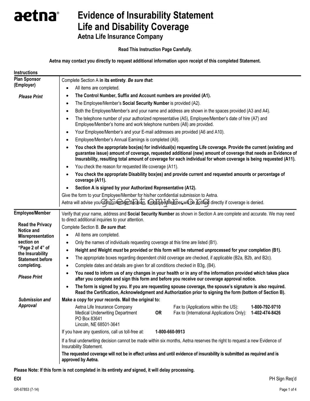 Fill in a Valid Aetna Evidence Of Insurability Template