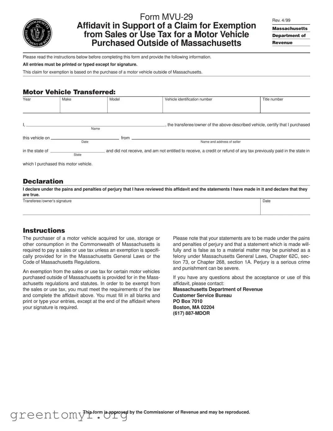 Fill in a Valid Mvu 29 Template