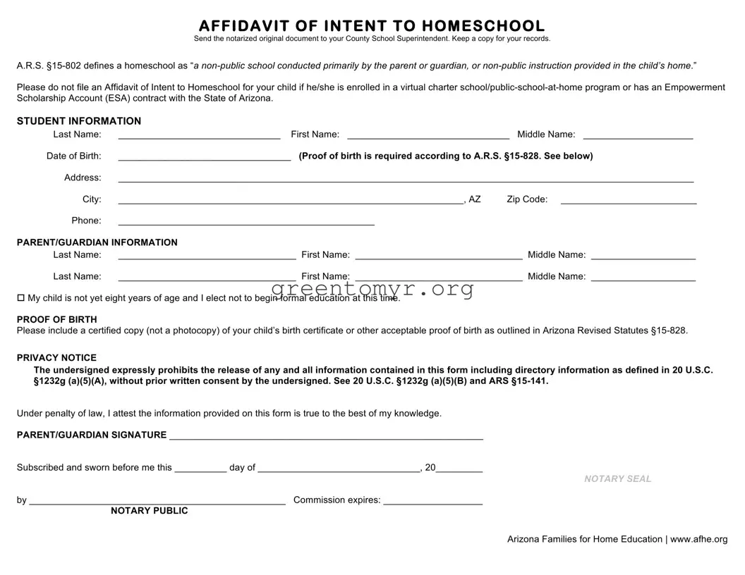 Fill in a Valid Affidavit Homeschool Maricopa County Template