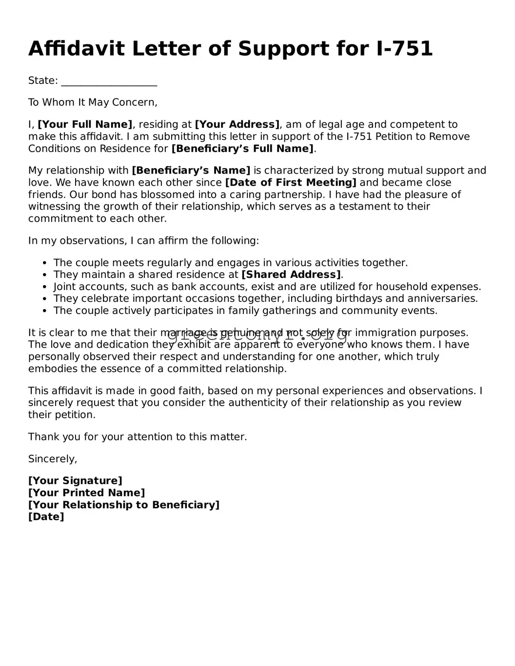 Valid Affidavit Letter of Support for I-751 Form