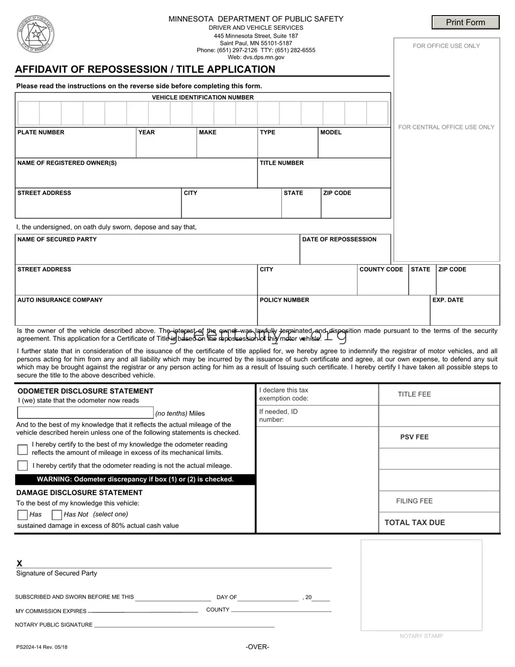 Fill in a Valid Affidavit Of Repossession Minnesota Template