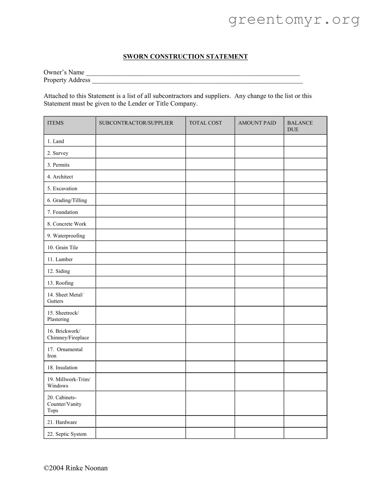 Fill in a Valid Sworn Construction Statement Template