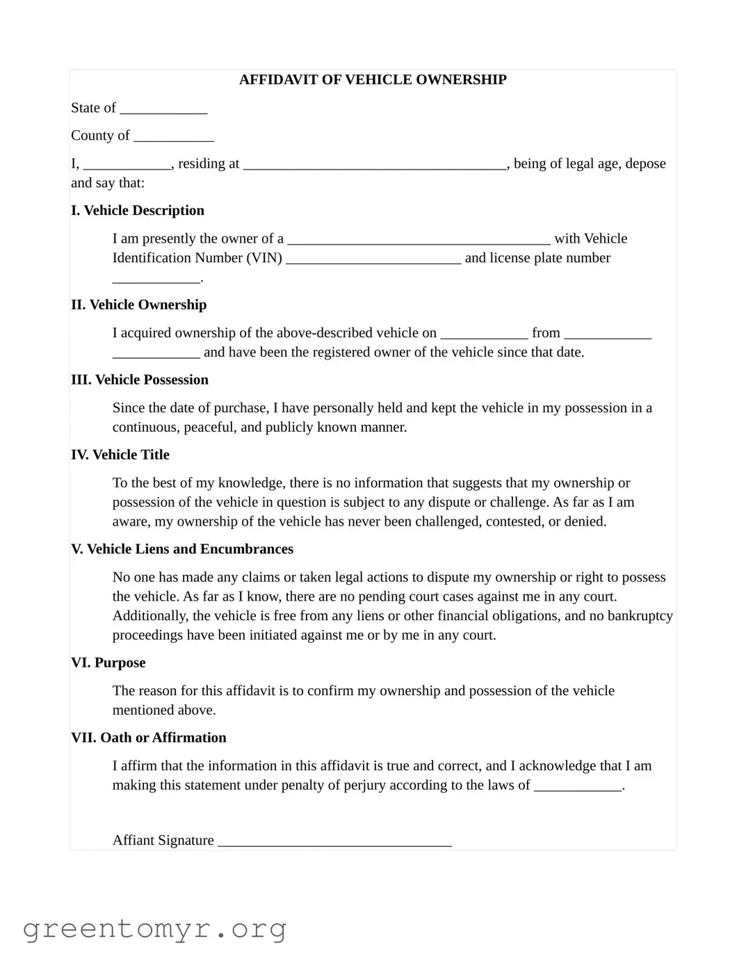 Fill in a Valid Motor Vehicle Ownership Affidavit Template