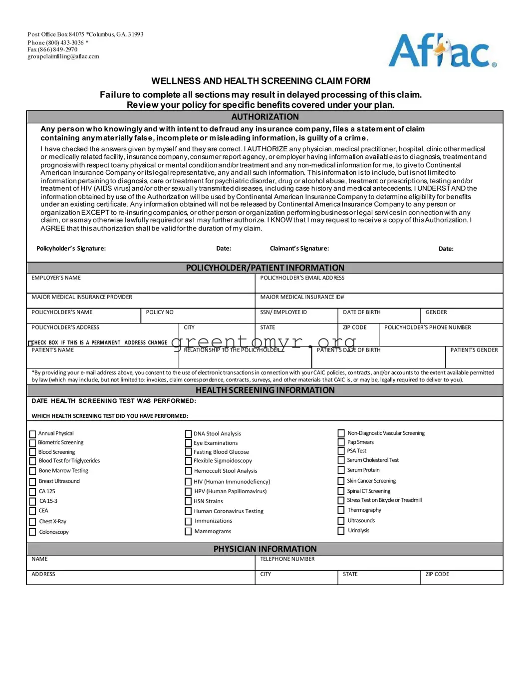 Fill in a Valid Aflac Wellness Template