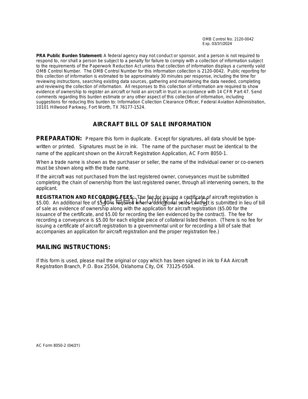 Fill in a Valid Aircraft Bill of Sale AC 8050-2 Template