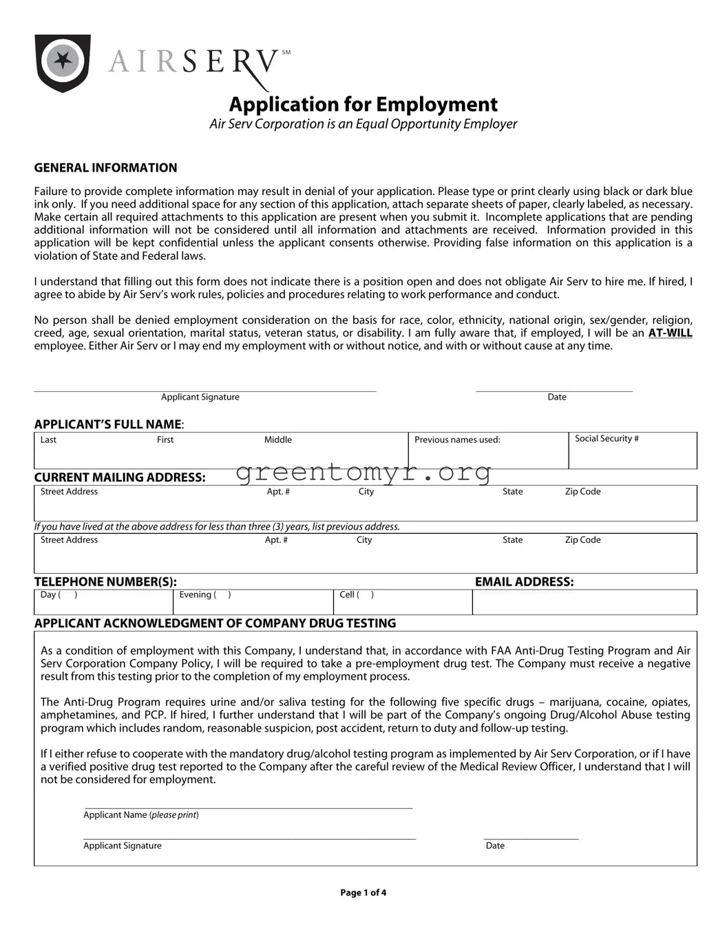 Fill in a Valid Airserv Employment Template