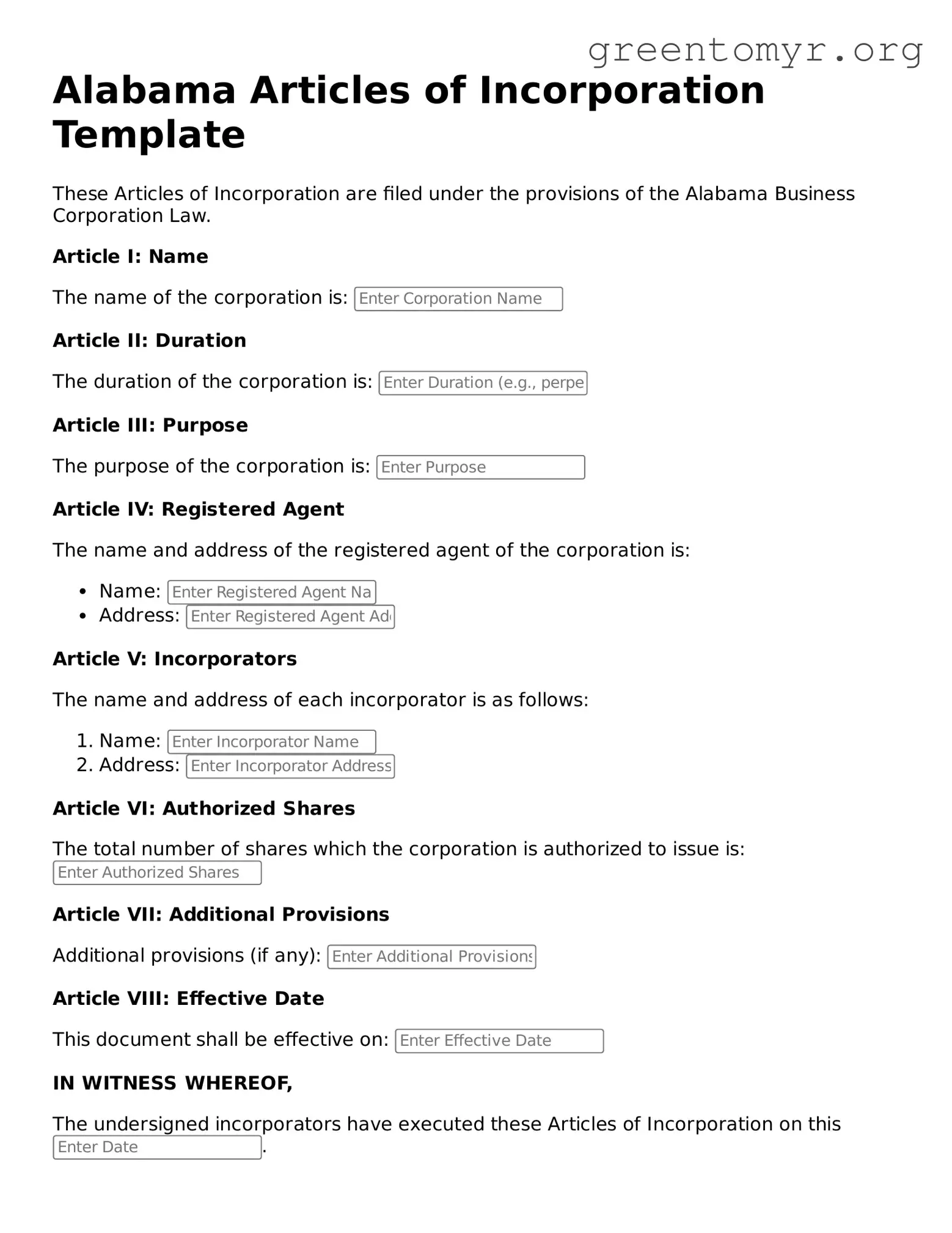 Articles of Incorporation Form for the State of Alabama