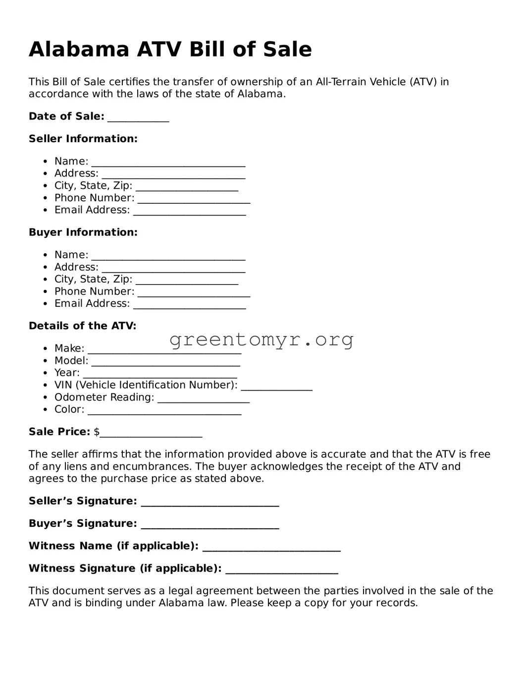 ATV Bill of Sale Form for the State of Alabama