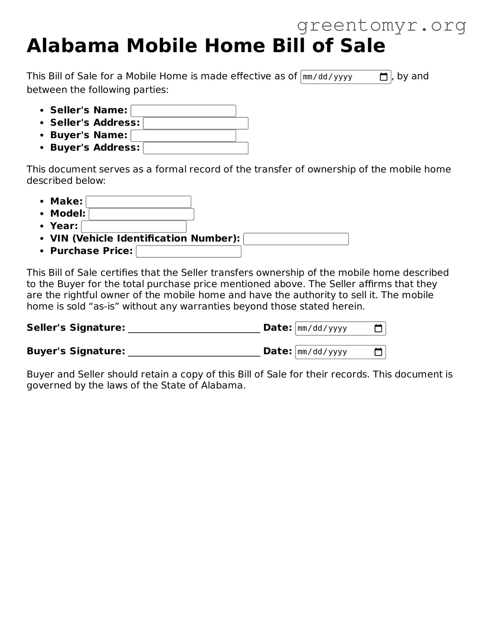 Mobile Home Bill of Sale Form for the State of Alabama