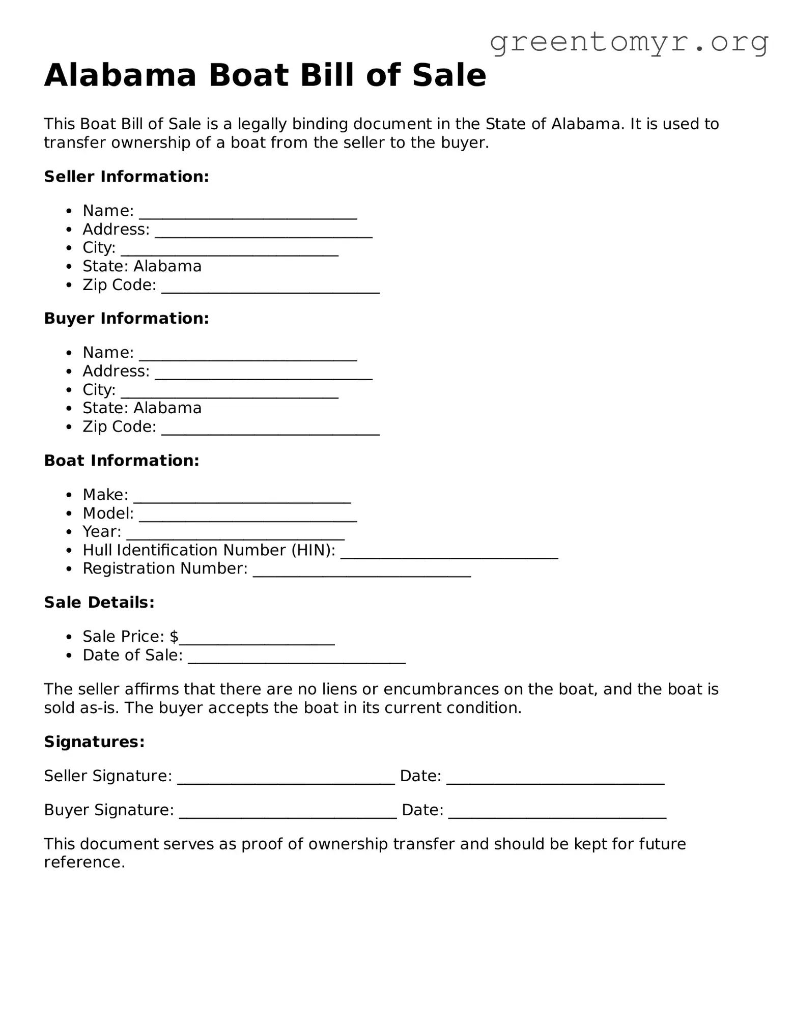 Boat Bill of Sale Form for the State of Alabama