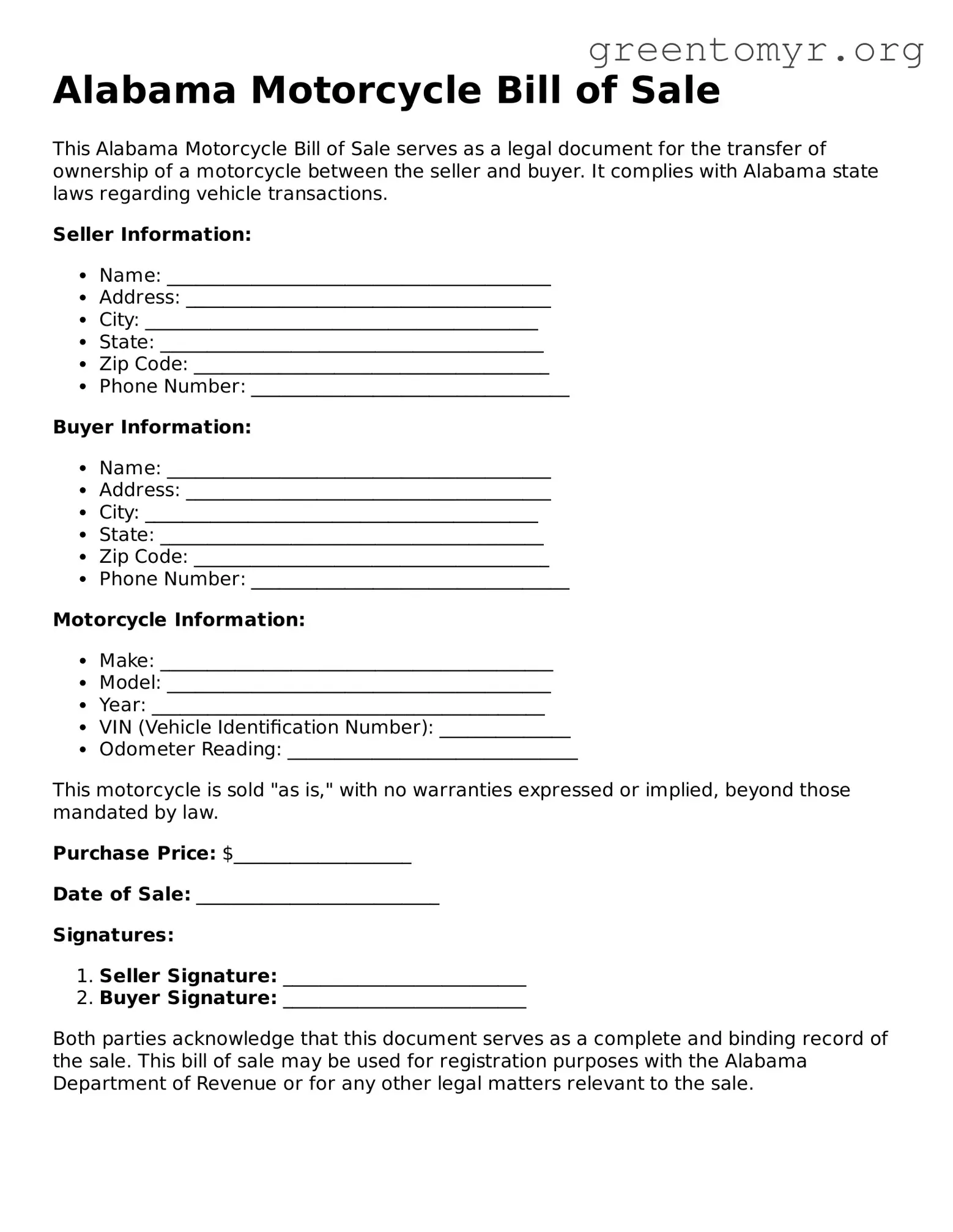 Motorcycle Bill of Sale Form for the State of Alabama