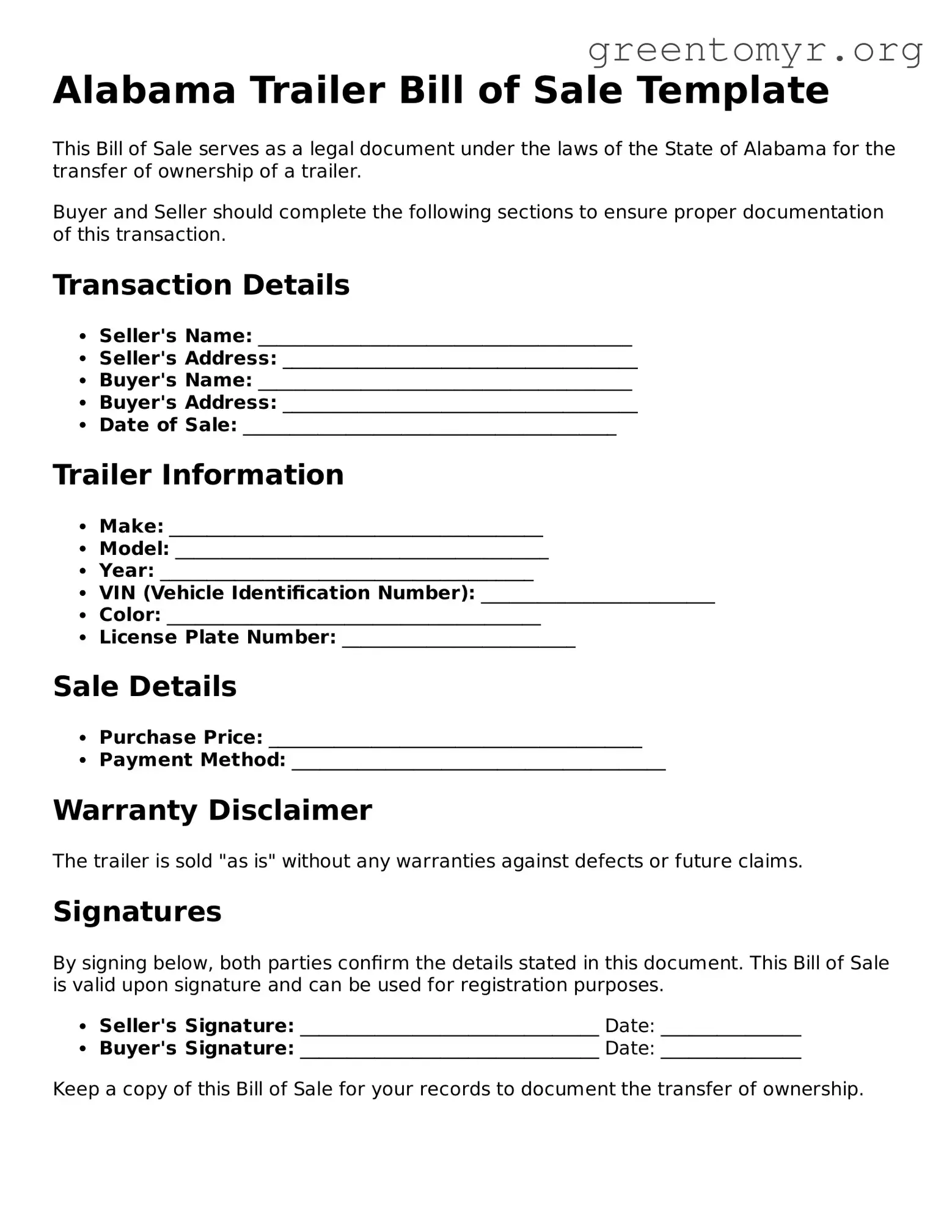 Trailer Bill of Sale Form for the State of Alabama