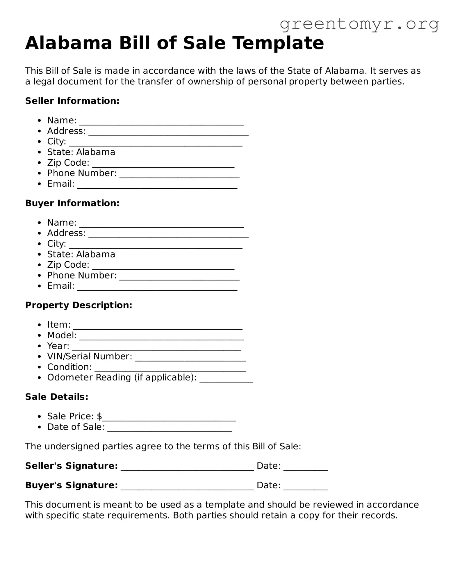 Bill of Sale Form for the State of Alabama
