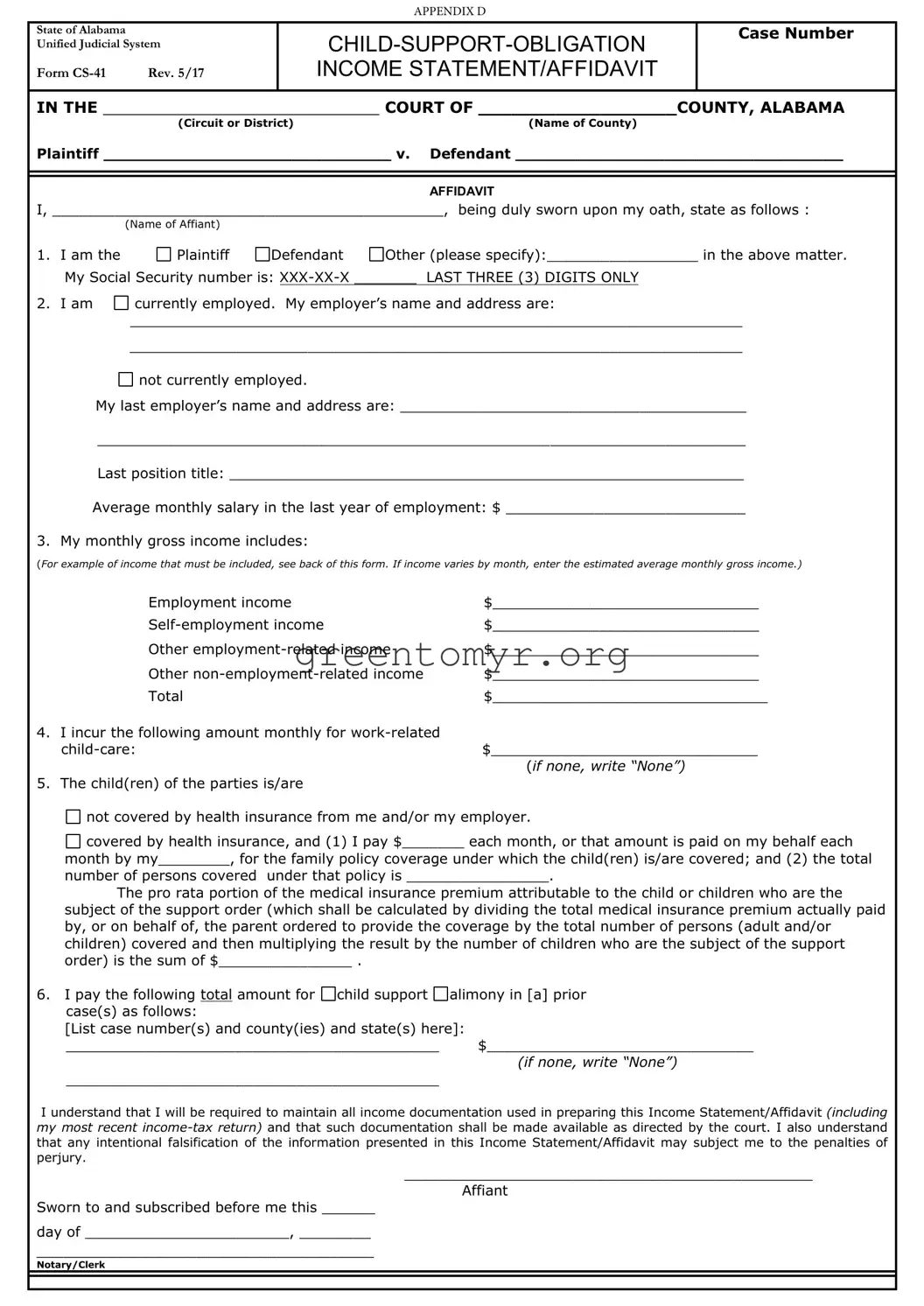 Fill in a Valid Alabama Child Support Income Template