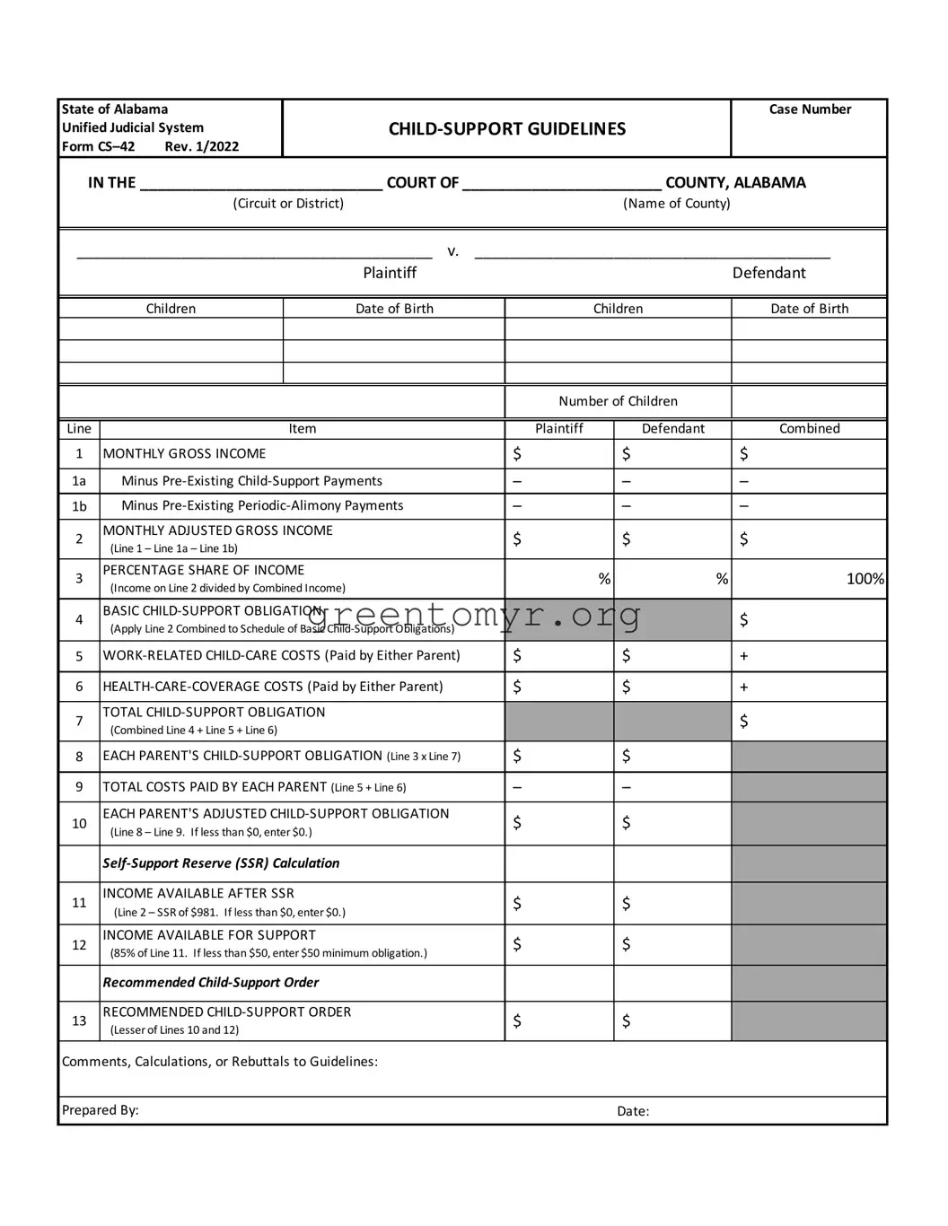 Fill in a Valid Alabama Child Support Sheet Template