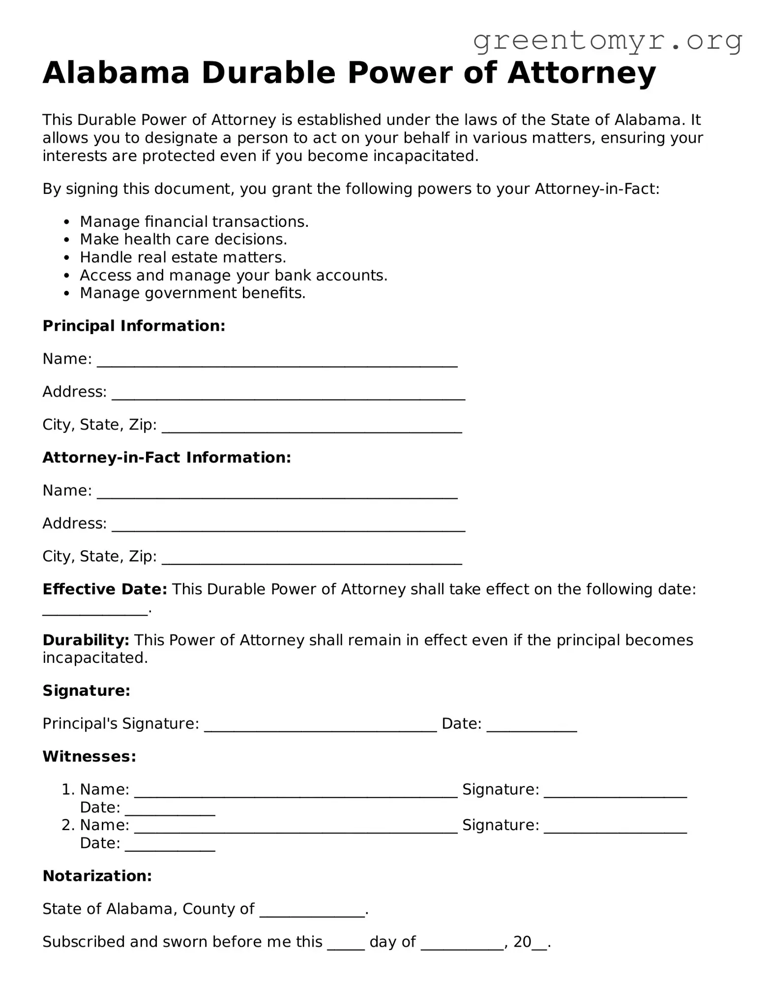 Durable Power of Attorney Form for the State of Alabama