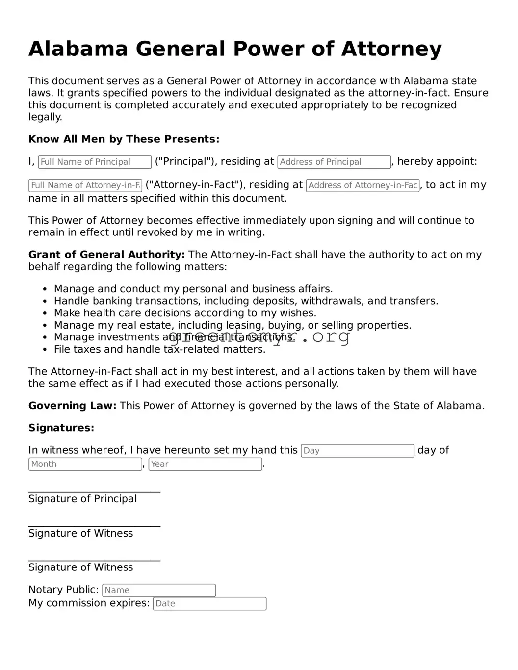 General Power of Attorney Form for the State of Alabama