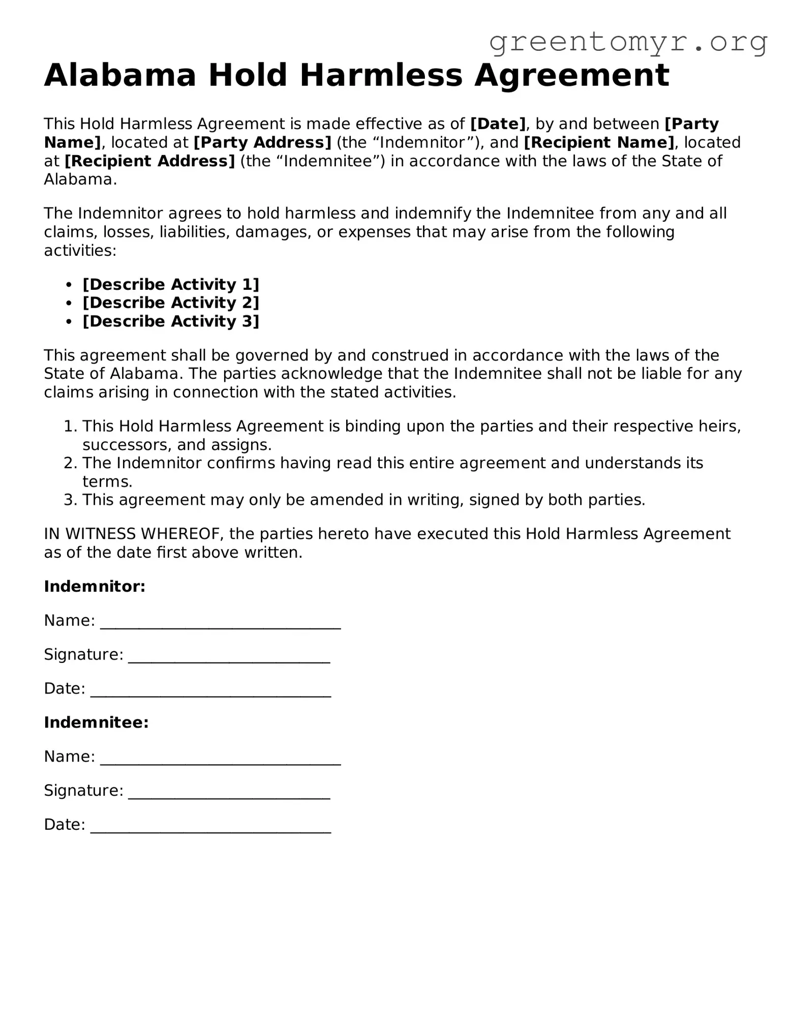 Hold Harmless Agreement Form for the State of Alabama