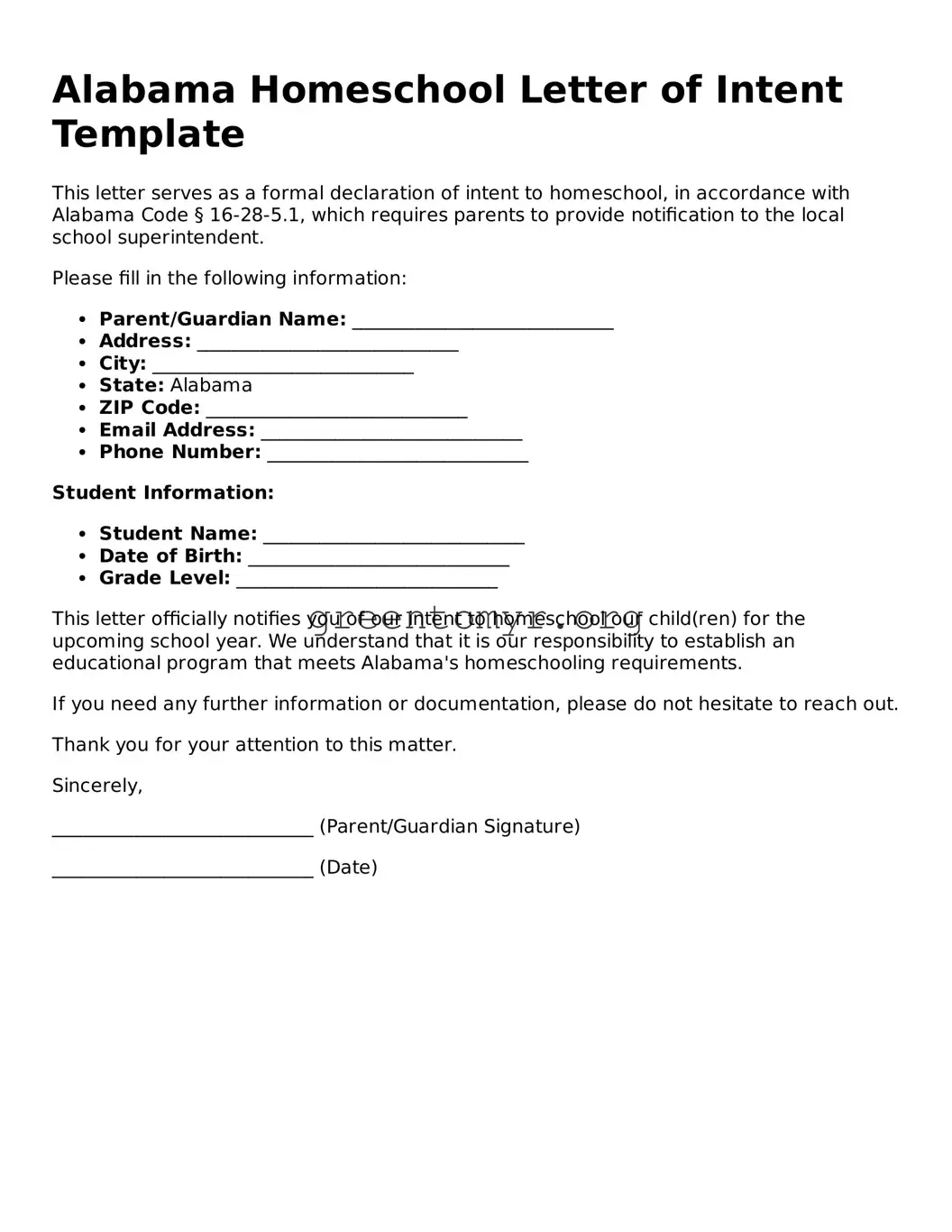 Homeschool Letter of Intent Form for the State of Alabama