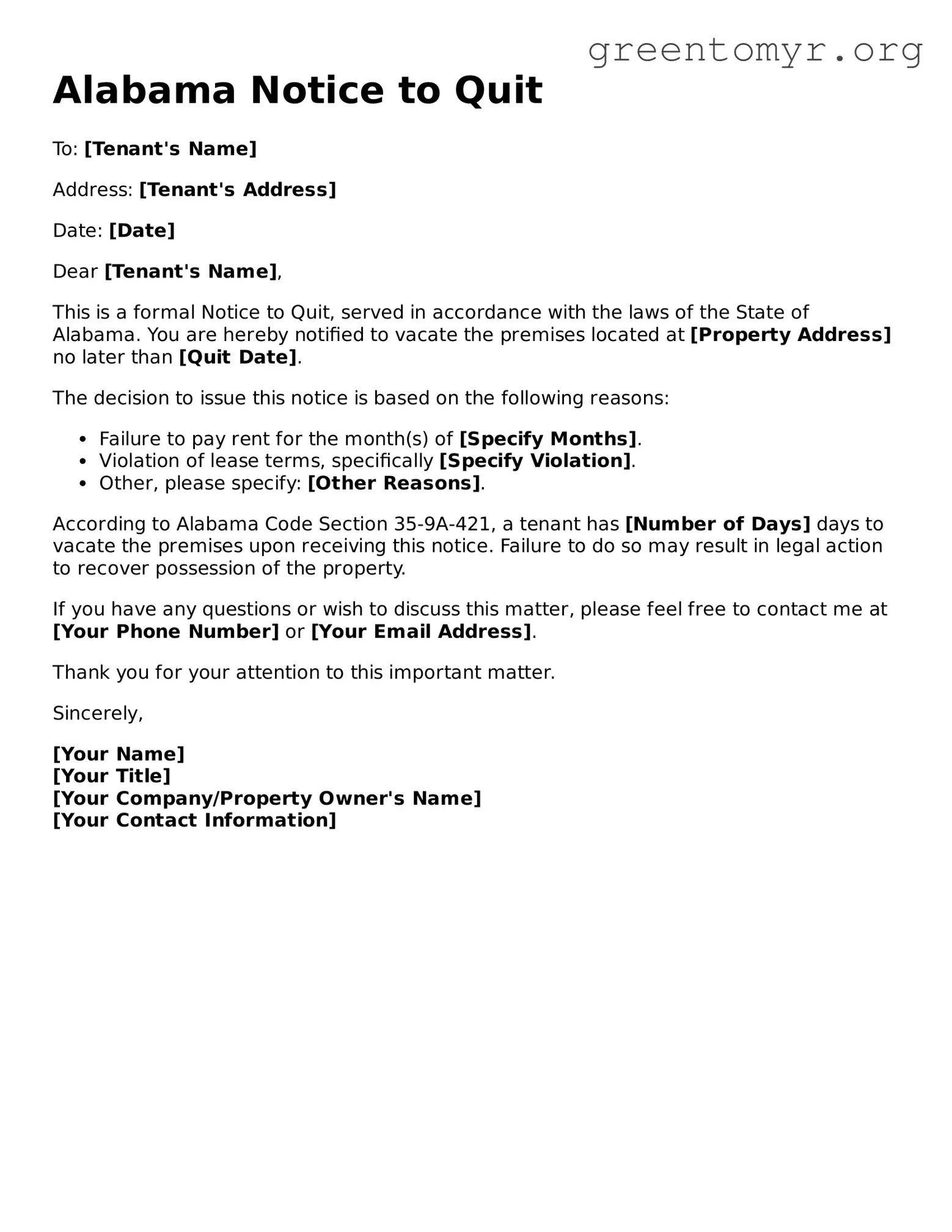 Notice to Quit Form for the State of Alabama