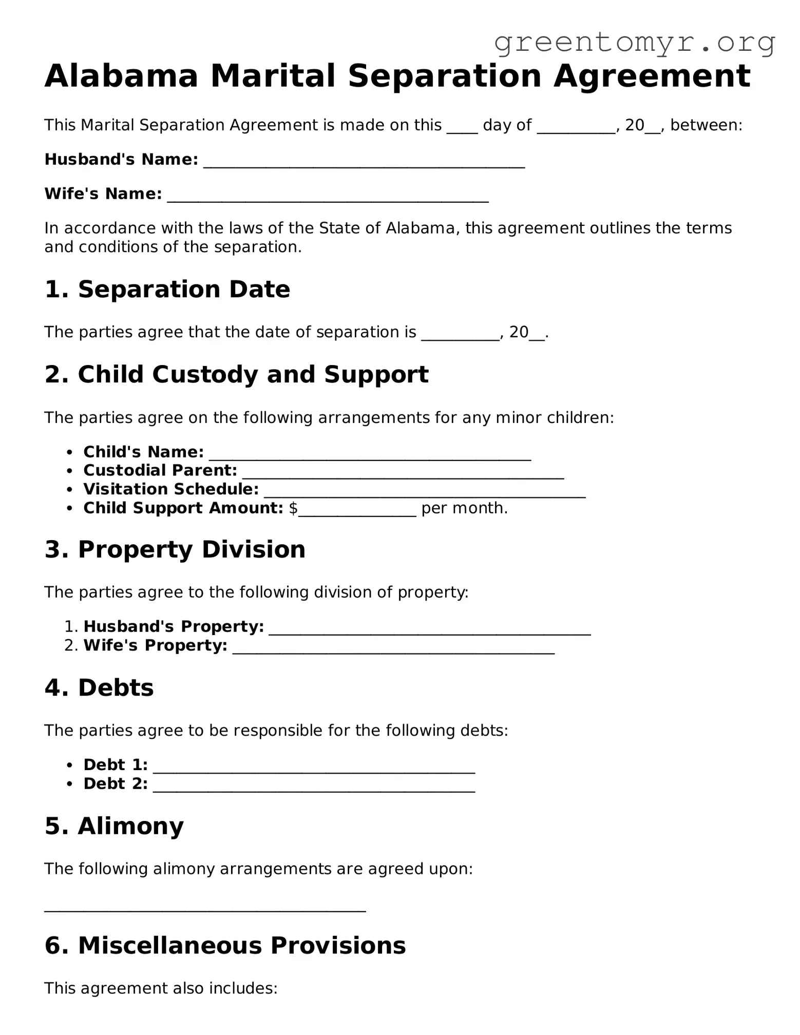 Marital Separation Agreement Form for the State of Alabama