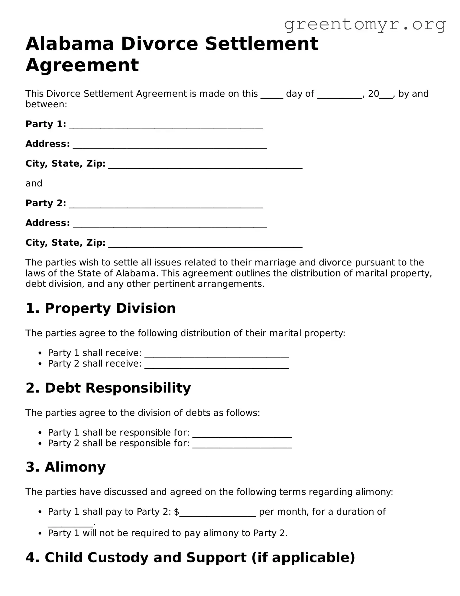 Divorce Settlement Agreement Form for the State of Alabama