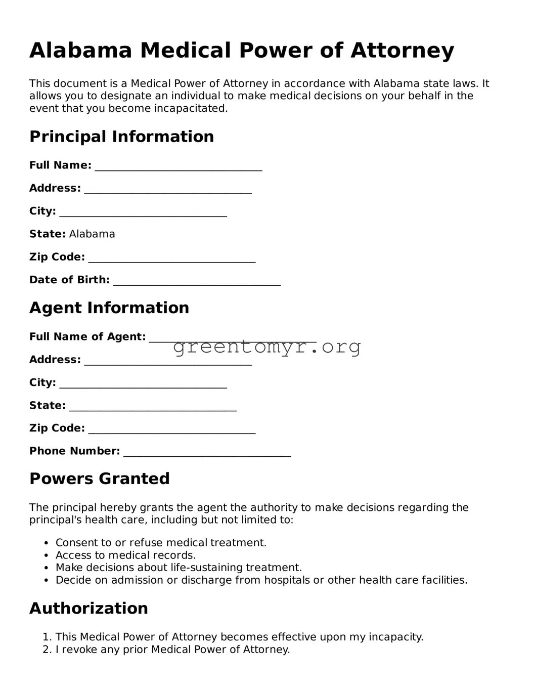 Medical Power of Attorney Form for the State of Alabama