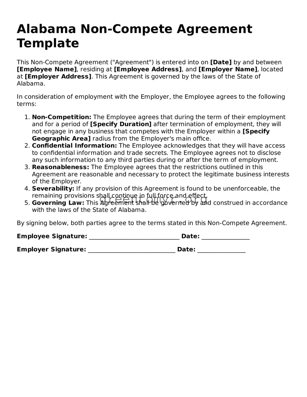 Non-compete Agreement Form for the State of Alabama