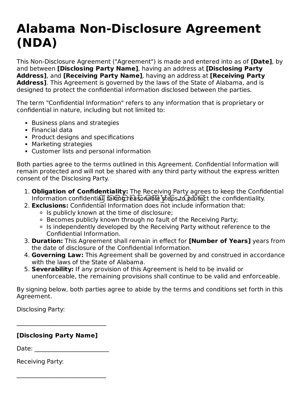 Non-disclosure Agreement Form for the State of Alabama