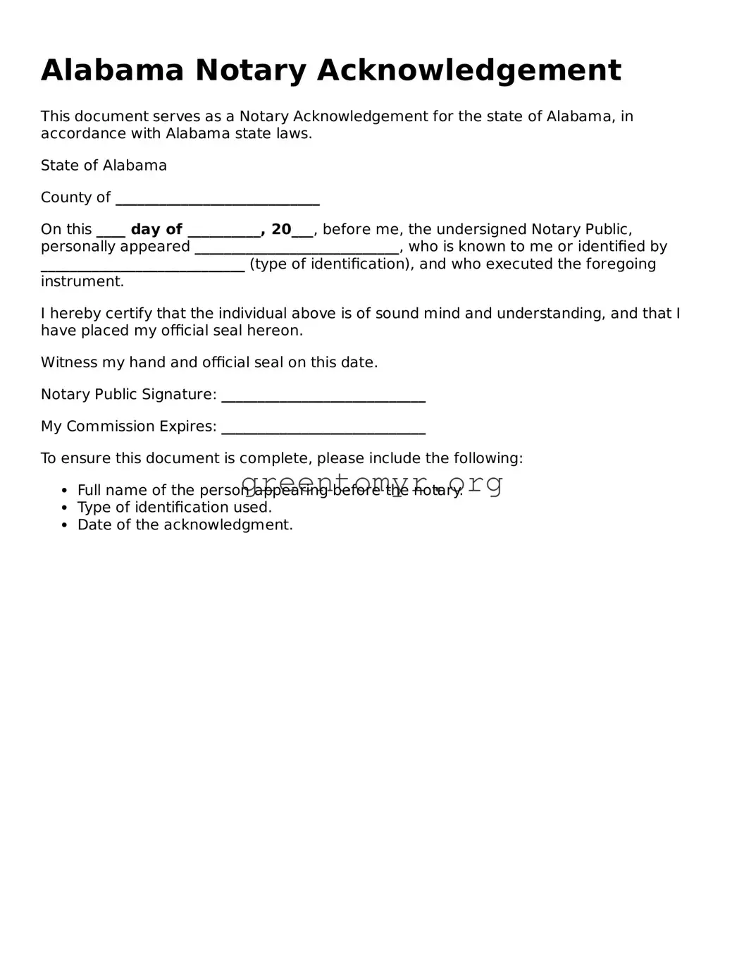 Notary Acknowledgement Form for the State of Alabama