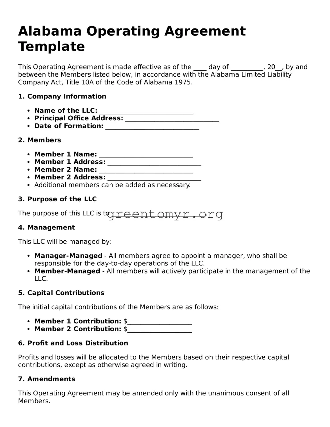 Operating Agreement Form for the State of Alabama