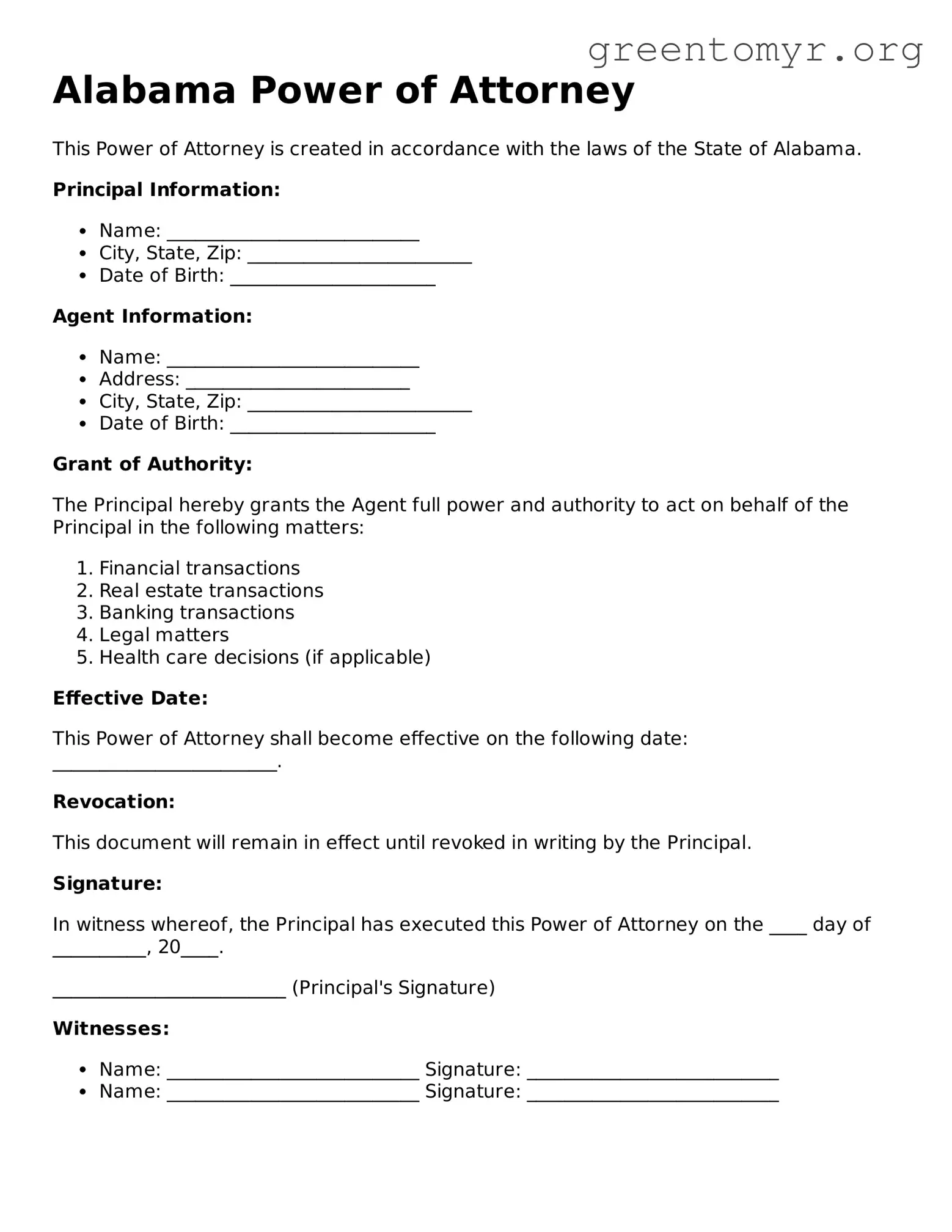 Power of Attorney Form for the State of Alabama