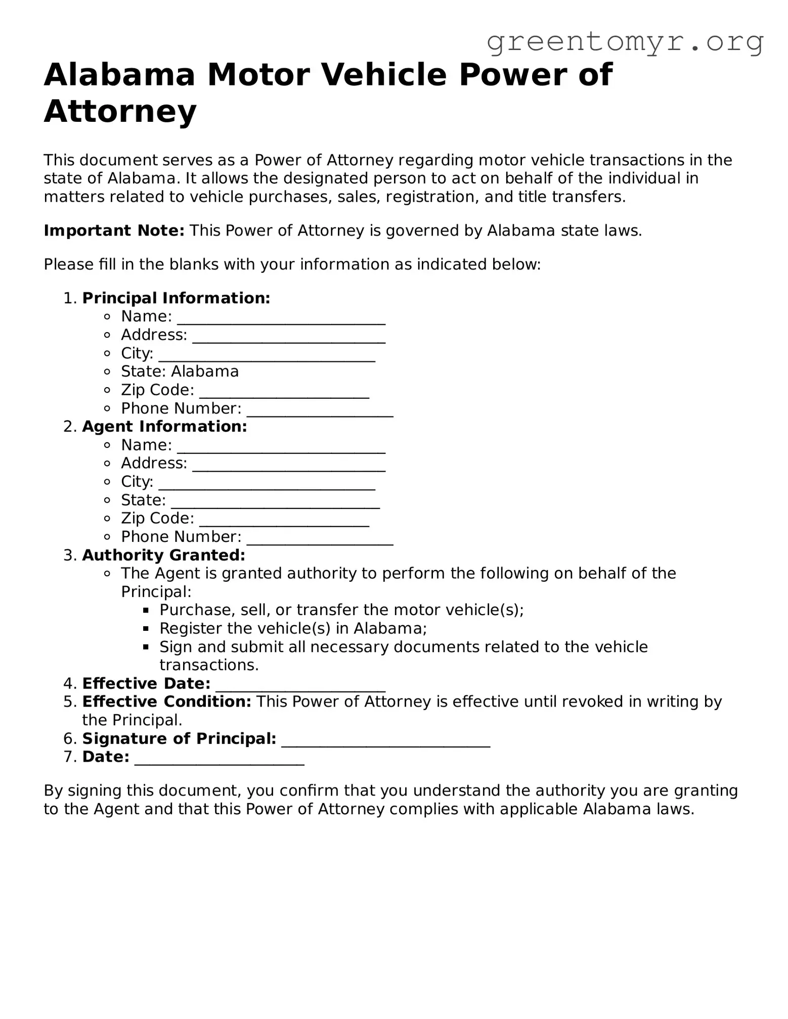 Motor Vehicle Power of Attorney Form for the State of Alabama