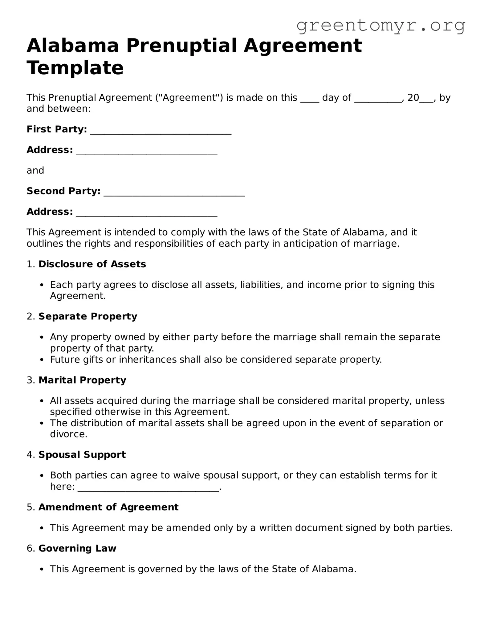 Prenuptial Agreement Form for the State of Alabama
