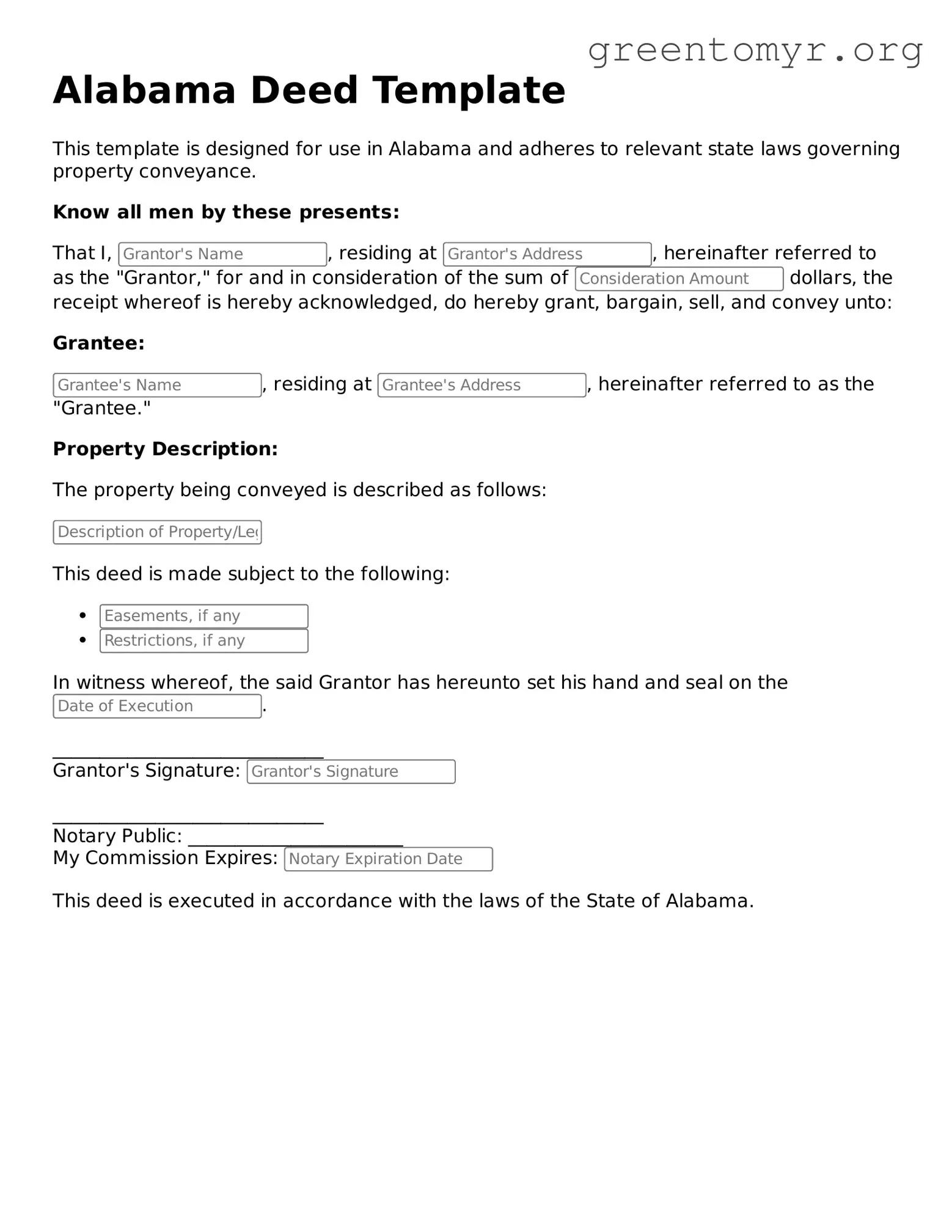 Deed Form for the State of Alabama