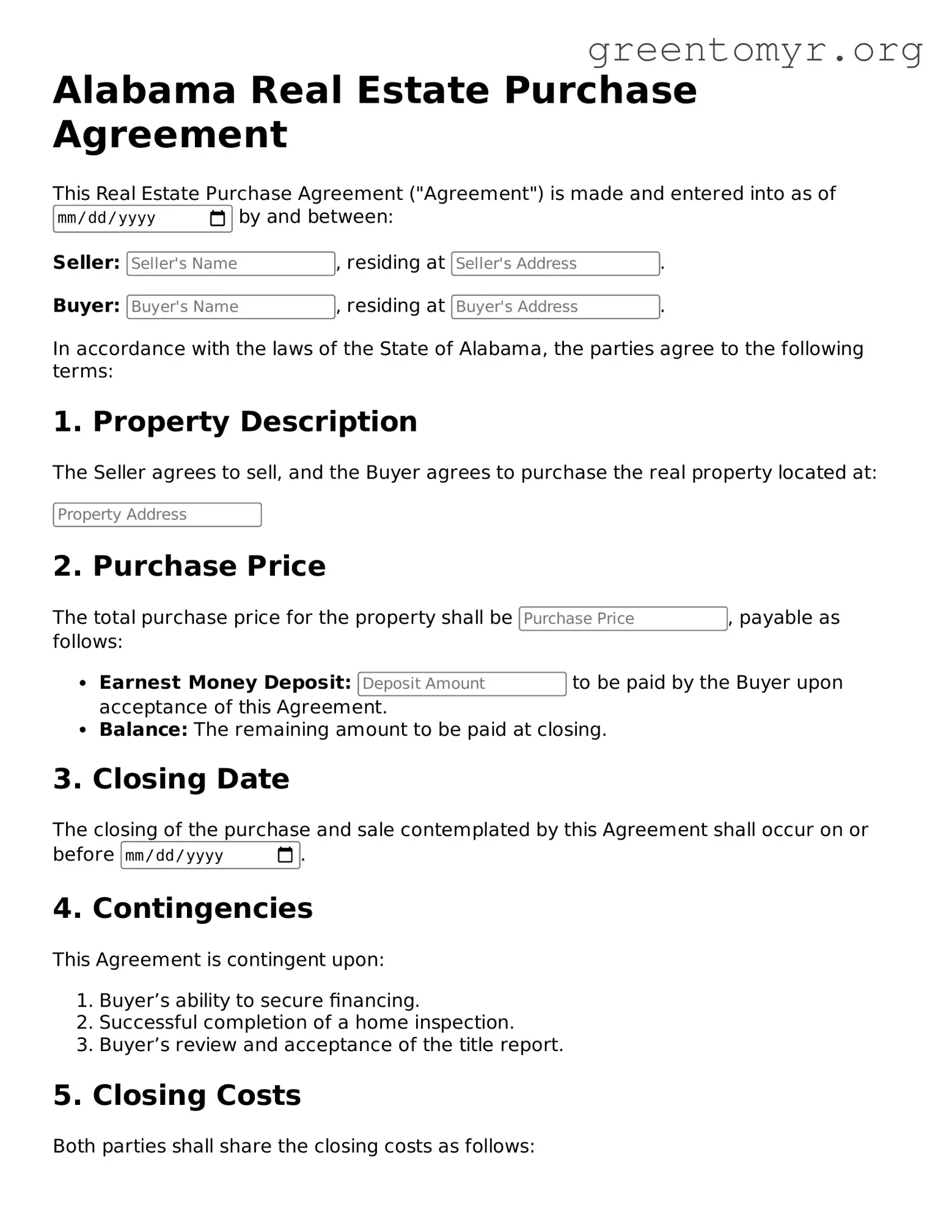 Real Estate Purchase Agreement Form for the State of Alabama