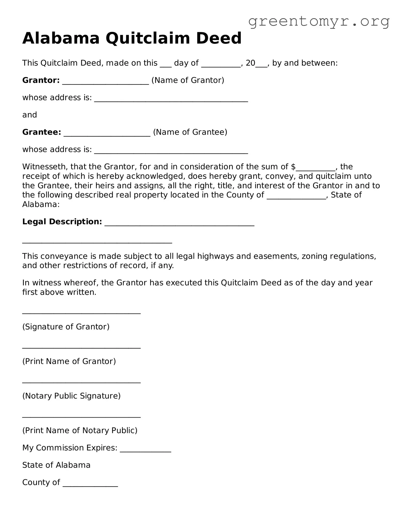 Quitclaim Deed Form for the State of Alabama