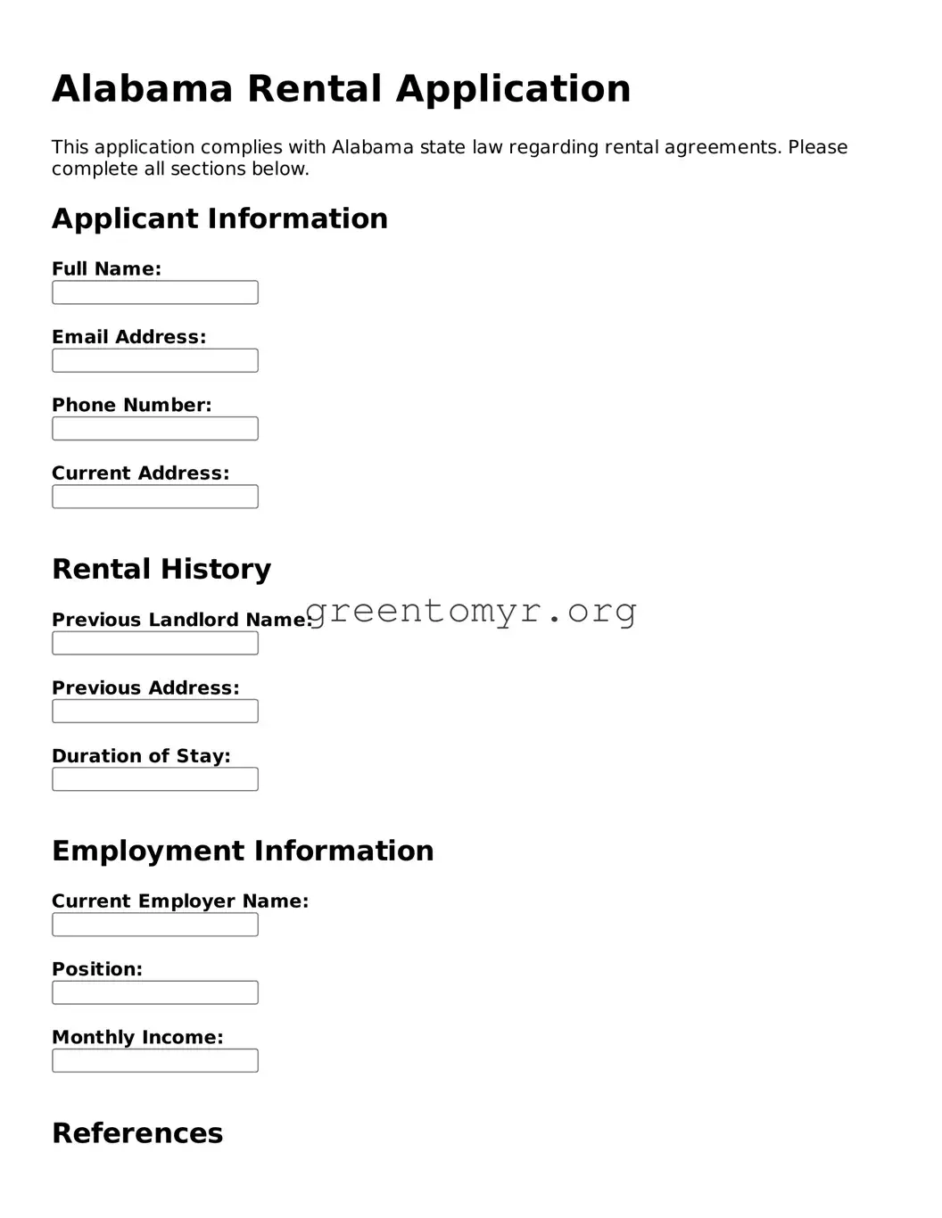 Rental Application Form for the State of Alabama