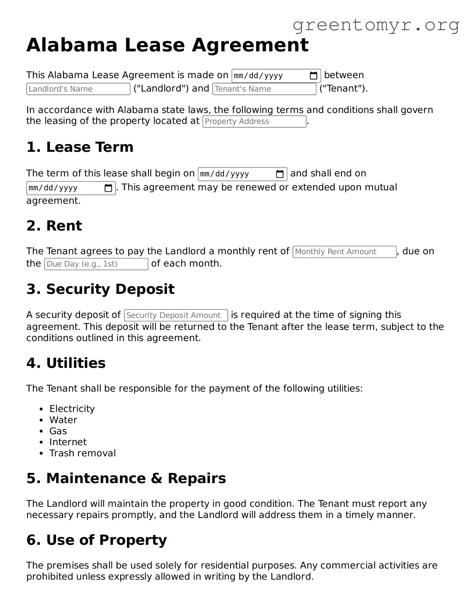 Lease Agreement Form for the State of Alabama