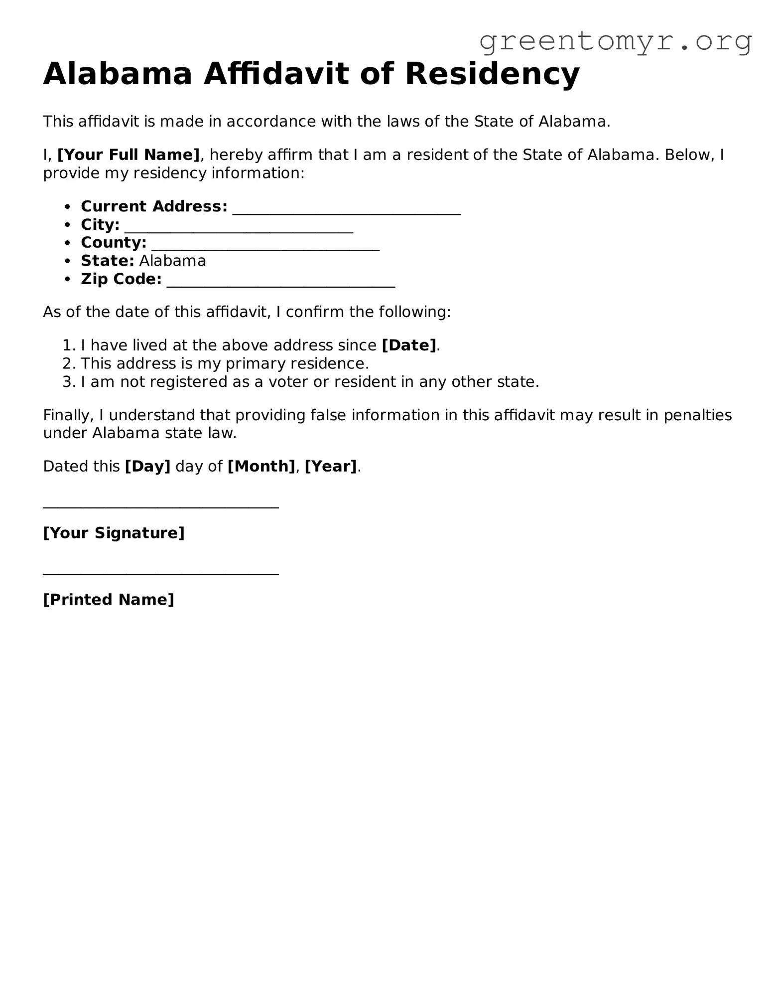 Affidavit of Residency Form for the State of Alabama