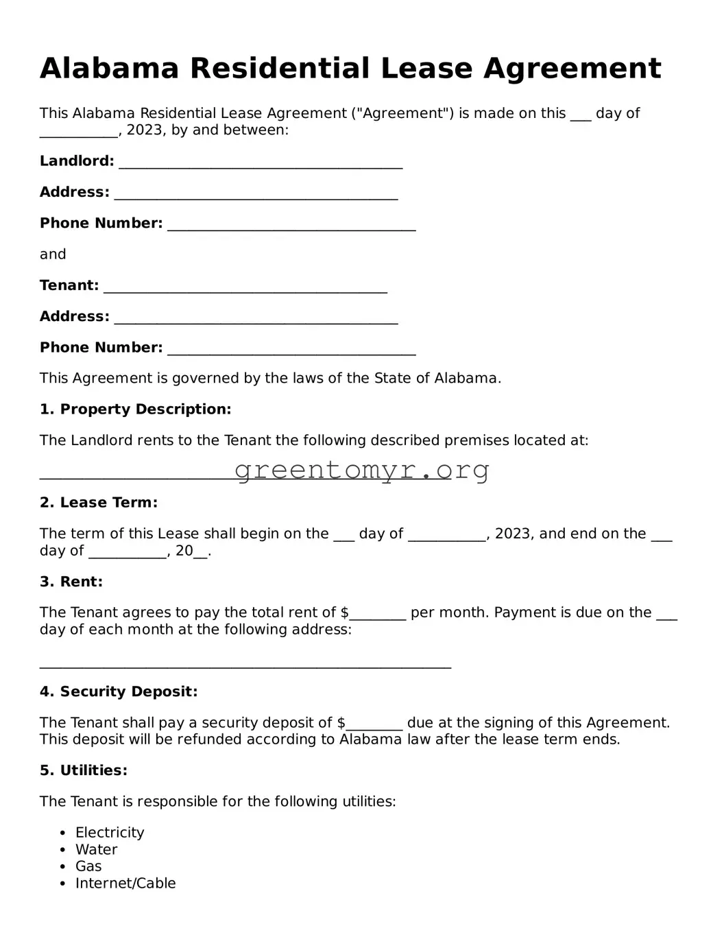 Residential Lease Agreement Form for the State of Alabama