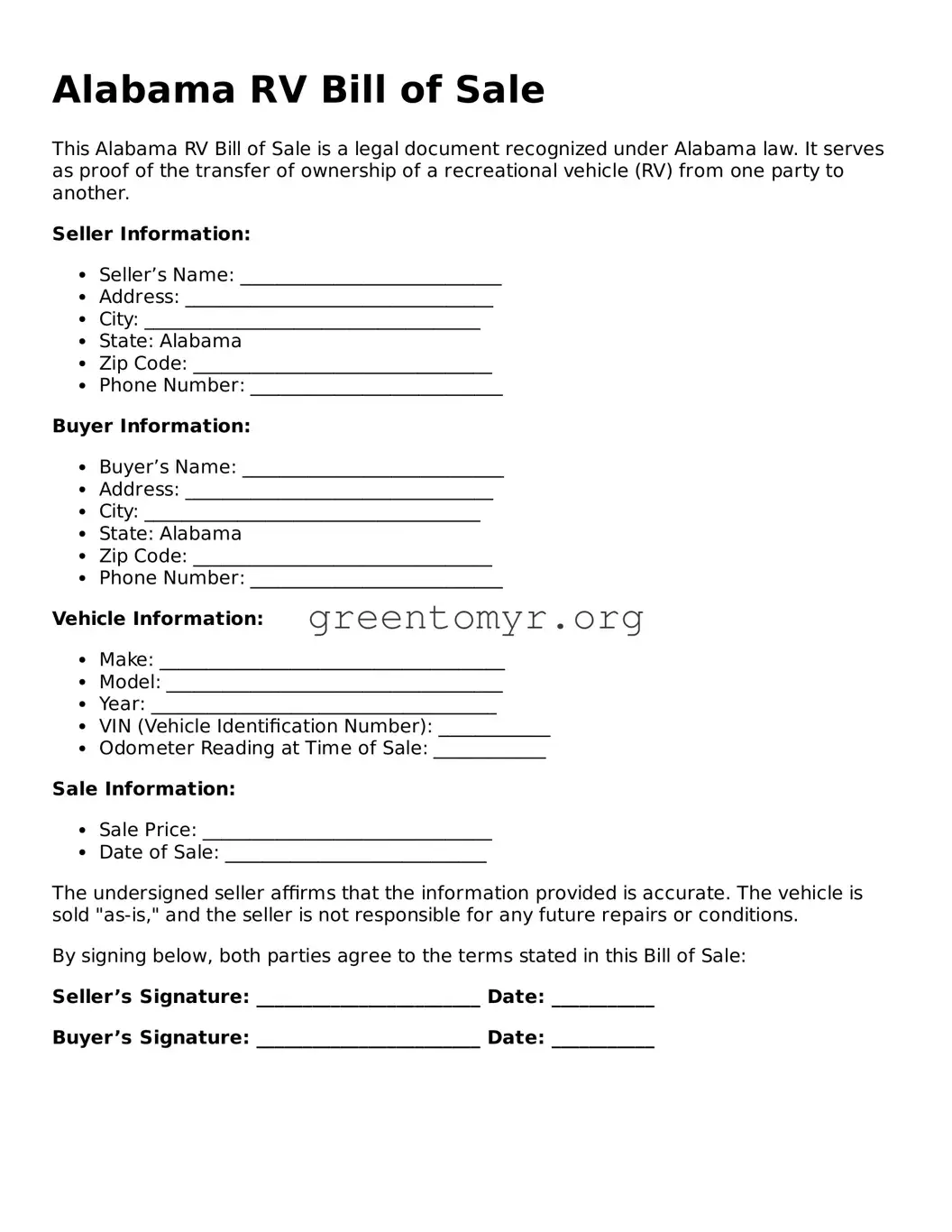 RV Bill of Sale Form for the State of Alabama