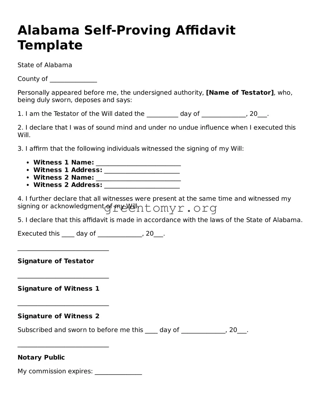 Self-Proving Affidavit Form for the State of Alabama
