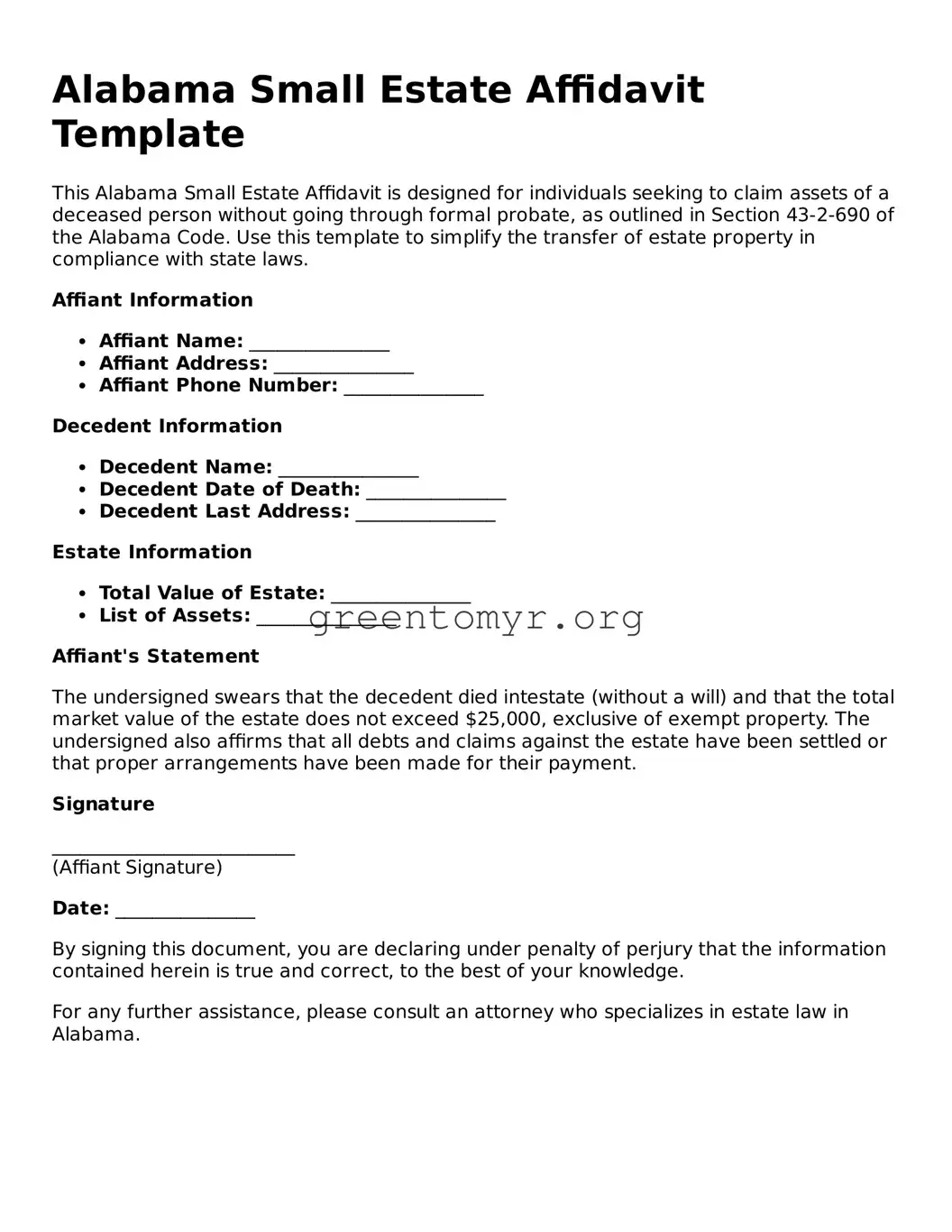 Small Estate Affidavit Form for the State of Alabama
