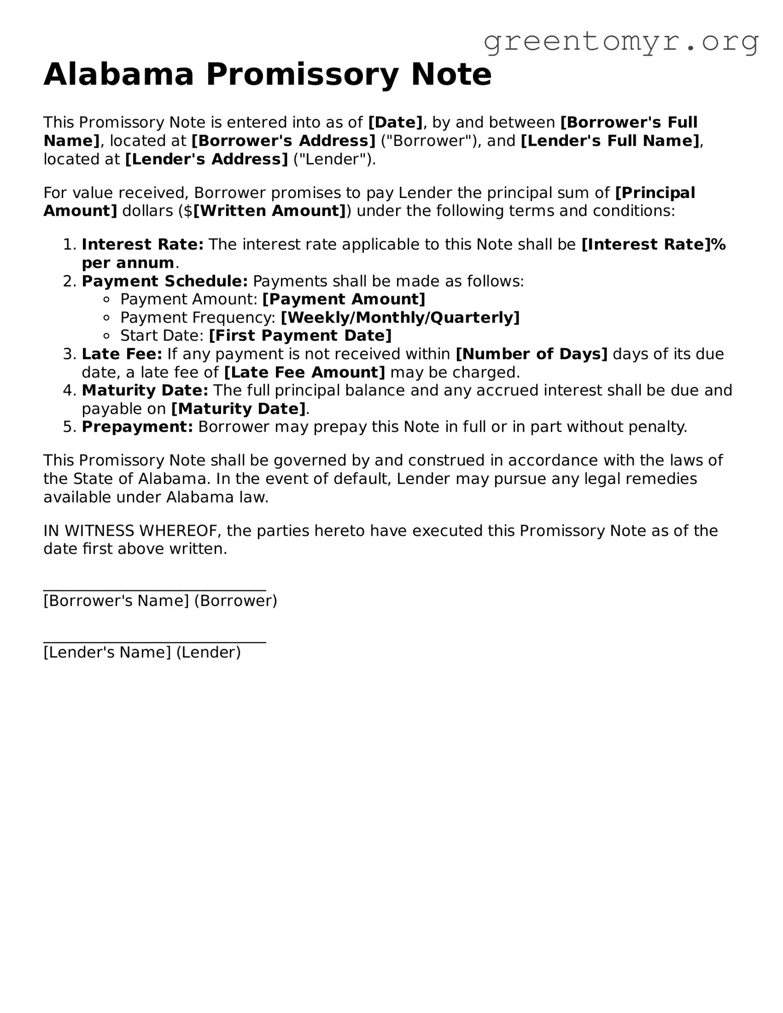 Promissory Note Form for the State of Alabama