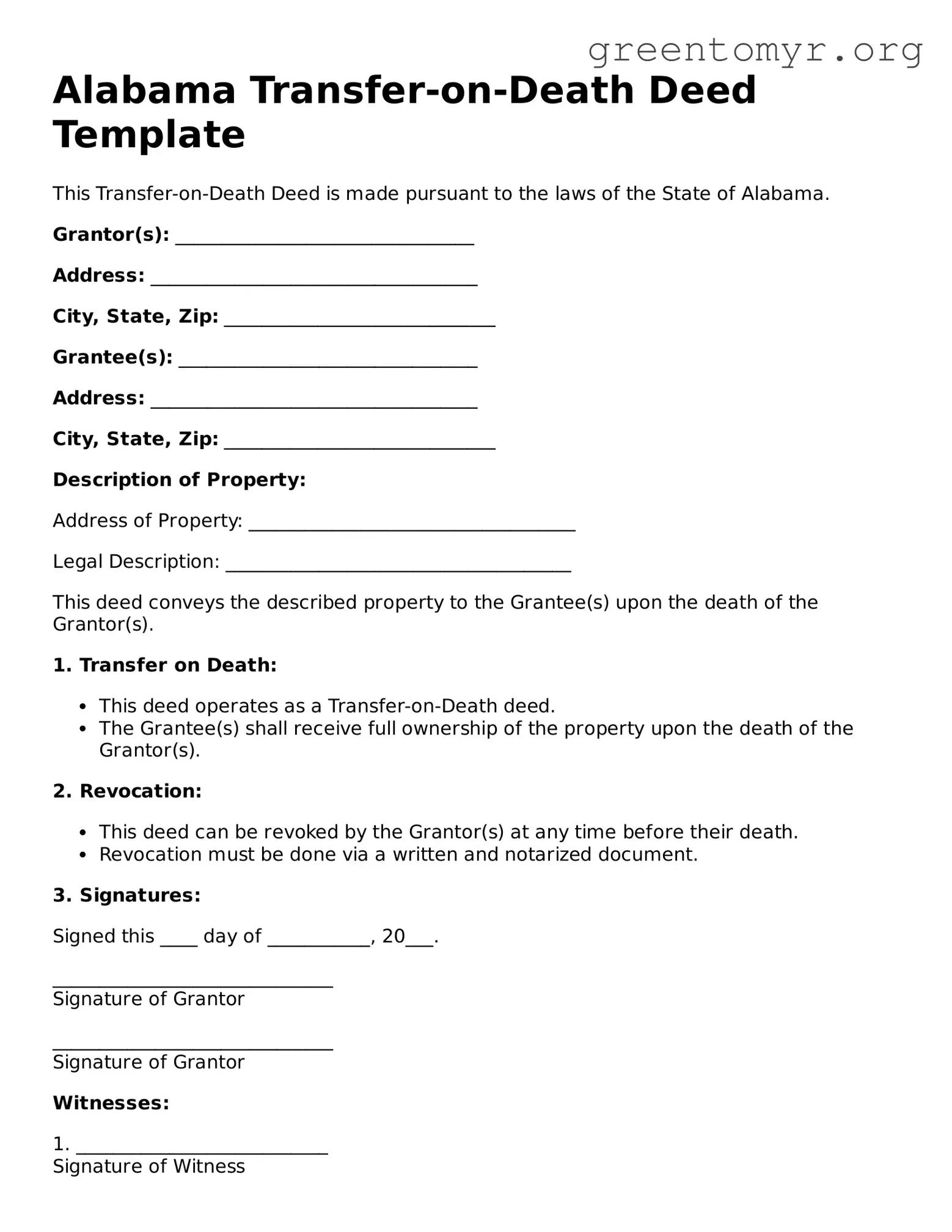Transfer-on-Death Deed Form for the State of Alabama